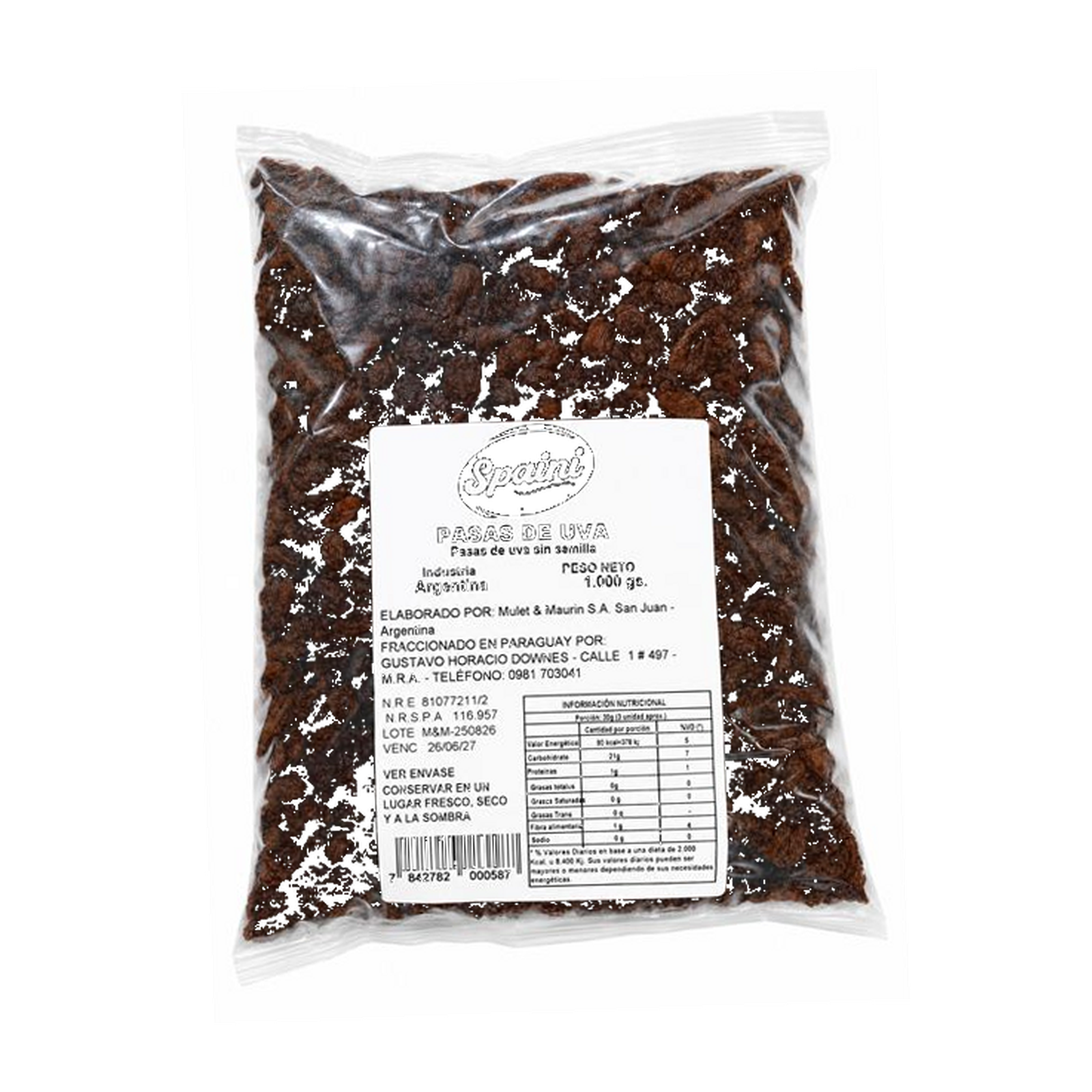 Uva pasa sin semilla Spaini Envase flexible termosellado 1 kg — Frente