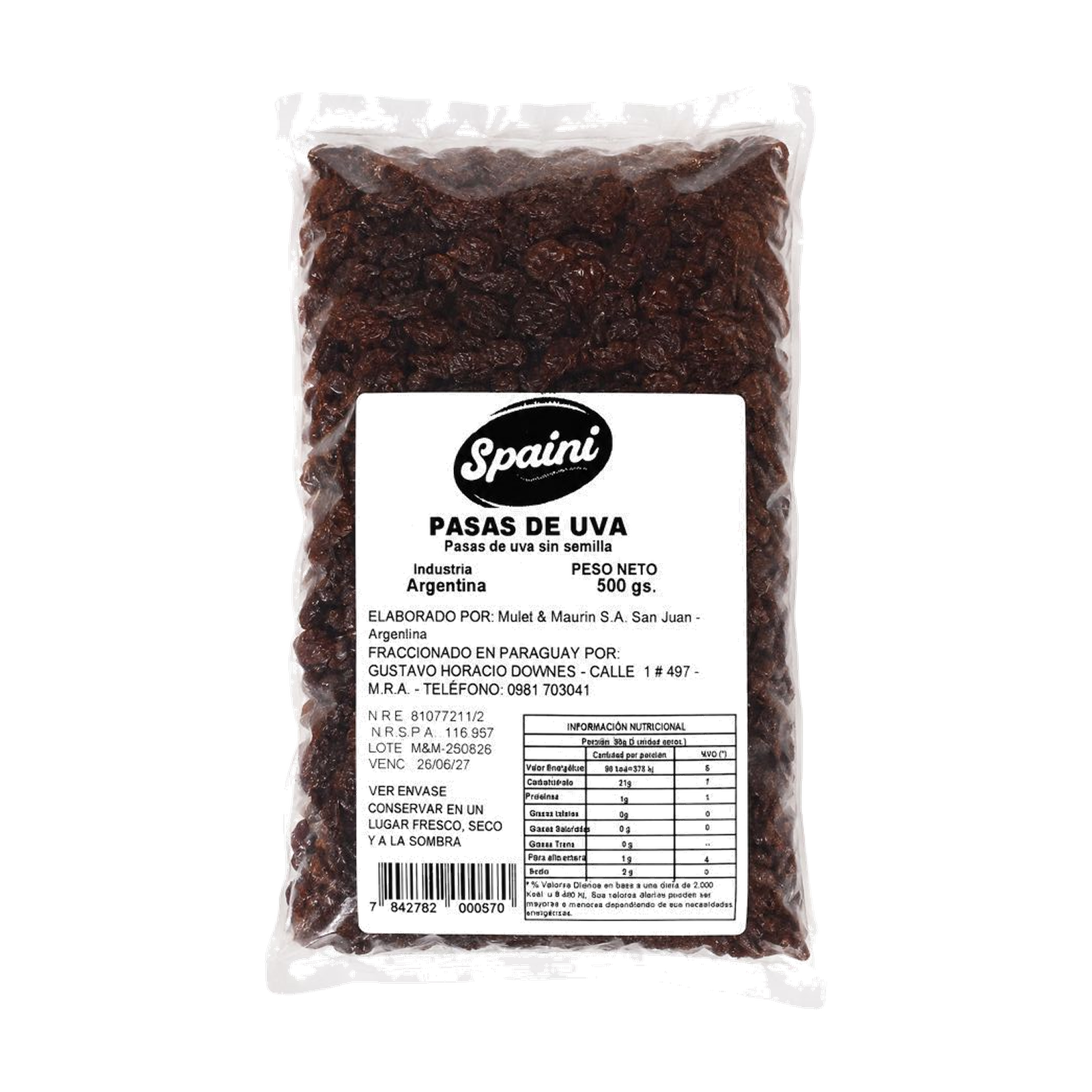 Uva pasa sin semilla Spaini Envase flexible termosellado 500 g — Frente